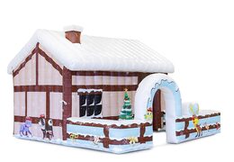  Do kupienia brązowy domek dmuchana chatka świętego mikołaja z dachem pokrytym śniegiem, z wnętrzem do dowolnej aranżacji. Zamów online dmuchane obiekty dekoracyjne od producenta JB Dmuchance