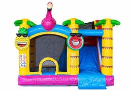 Dmuchany zamek Jumpy Happy Splash różowo żółty z kąpielą wodną i z motywem flaminga. Kolorowy plac wodny dla dzieci z opcja skakania zamów online w JB Dmuchance