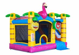 Dmuchany zamek Jumpy Happy Splash różowo żółty z kąpielą wodną i z motywem flaminga. Kolorowy plac wodny dla dzieci z opcja skakania zamów online w JB Dmuchance