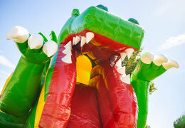 Nadmuchiwana poduszka powietrzna multiplay ze zjeżdżalnią w żółto-zielonym motywie dino na sprzedaż