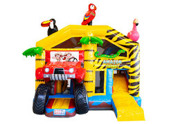 Kup nadmuchiwaną poduszkę powietrzną z dachem i zjeżdżalnią w stylu safari ze zwierzętami 3D na wierzchu dla dzieci