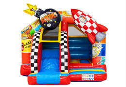 Motyw postaci z komiksów na kombinacji zjeżdżalni do zjeżdżania i skakania na zamku dmuchanym