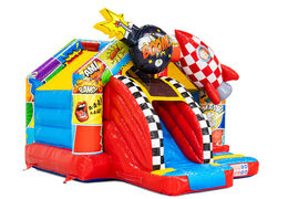 Combo zjeżdżalni i zamku dmuchanego w tematyce komiksowej z rakietą i bombą