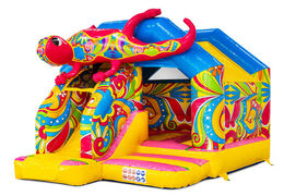Zamek dmuchany Combo ze zjeżdżalnią w kolorach żółtym, niebieskim, różowym i z kwiatami