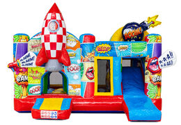 Zamkowy trampolina multiplay w tematyce komiksowej z rakietą i postaciami z komiksów