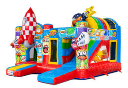 Zamów online wielofunkcyjną trampolinę w tematyce komiksowej z zjeżdżalnią i elementami do zabawy