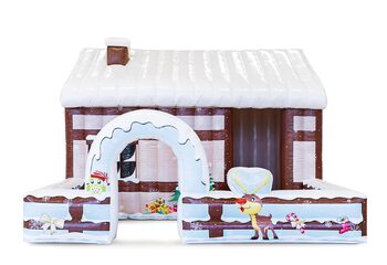  Do kupienia brązowy domek dmuchana chatka świętego mikołaja z dachem pokrytym śniegiem, z wnętrzem do dowolnej aranżacji. Zamów online dmuchane obiekty dekoracyjne od producenta JB Dmuchance