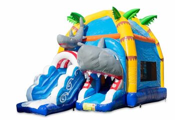 Kup nadmuchiwany kryty dmuchany zamek maxifun w kolorze żółto-zielonym w motywie super rekina dla dzieci. Zamów dmuchane zamki do skakania online w JB Dmuchańce Polska