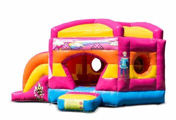 Klein overdekt opblaasbaar multiplay springkussen met glijbaan kopen in thema prinses roze voor kinderen