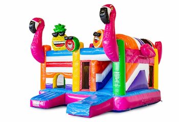 Kup nadmuchiwany otwarty wielozadaniowy dmuchany zamek w motywie flaminga ze zjeżdżalnią dla dzieci. Zamów dmuchane zamki do skakania online w JB Dmuchańce Polska