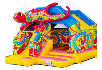 Zamek dmuchany Combo ze zjeżdżalnią w kolorach żółtym, niebieskim, różowym i z kwiatami