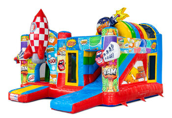 Zamów online wielofunkcyjną trampolinę w tematyce komiksowej z zjeżdżalnią i elementami do zabawy