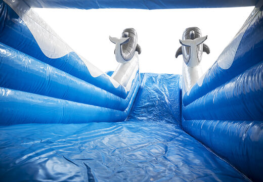 Kup teraz online swoją dmuchaną zjeżdżalnię z delfinem w wesołych kolorach, z obiektami 3D i zabawnym nadrukiem na bocznej ścianie. Zamów nadmuchiwane zjeżdżalnie w JB Dmuchańce Polska