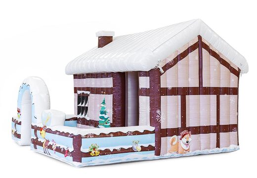  Do kupienia brązowy domek dmuchana chatka świętego mikołaja z dachem pokrytym śniegiem, z wnętrzem do dowolnej aranżacji. Zamów online dmuchane obiekty dekoracyjne od producenta JB Dmuchance