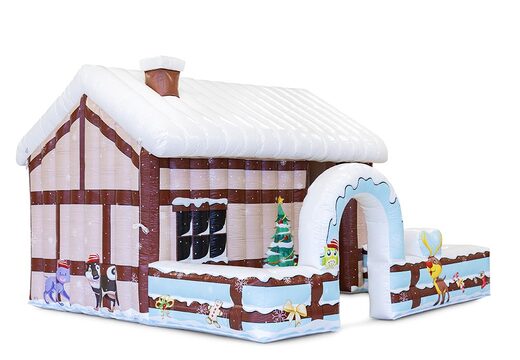  Do kupienia brązowy domek dmuchana chatka świętego mikołaja z dachem pokrytym śniegiem, z wnętrzem do dowolnej aranżacji. Zamów online dmuchane obiekty dekoracyjne od producenta JB Dmuchance