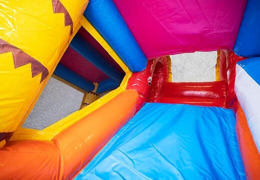 Dmuchany zamek Jumpy Happy Splash różowo żółty z kąpielą wodną i z motywem flaminga. Kolorowy plac wodny dla dzieci z opcja skakania zamów online w JB Dmuchance