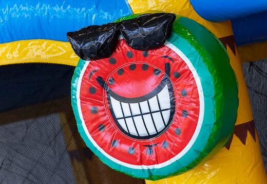 Dmuchany zamek Jumpy Happy Splash różowo żółty z kąpielą wodną i z motywem flaminga. Kolorowy plac wodny dla dzieci z opcja skakania zamów online w JB Dmuchance