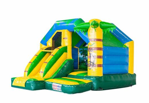 Oferuję kolorowy dmuchany plac zabaw zamek combo ze ślizgiem i motywem dżungli dla dzieci. Kup z szybką wysyłką od producenta dmuchane atrakcje w JB Dmuchance.