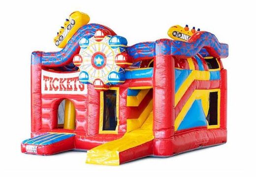 Kup od ręki rozbudowany kolorowy dmuchany plac zabaw w klimacie parku rozrywki i kolejki górskiej dla dzieci. Zamów online wymarzone dmuchańce tylko w JB Dmuchance