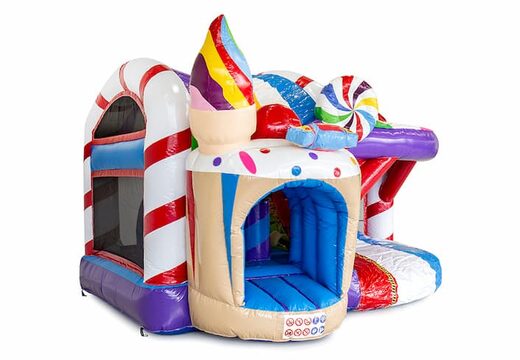 Nadmuchiwany zamek w stylu Candyland z obiektami 3D w środku i zjeżdżalnią dla dzieci. Kup dmuchane zamki do skakania online w JB Dmuchańce Polska