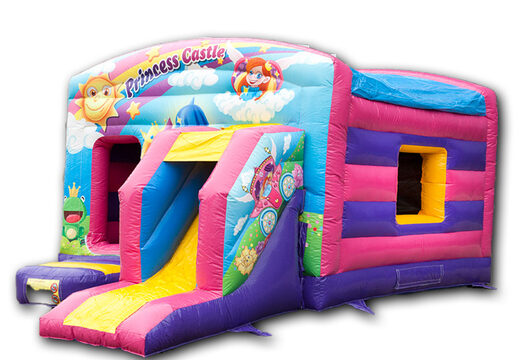 Na sprzedaż różowo-fioletowy maxi zamek multifun z motywem księżniczki z zabudowanym dachem.Kup teraz online ciekawe kolorowe dmuchane place zabaw dla dzieci z dmuchawami od JB Dmuchance