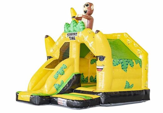 Springkussen opblaasbaar in bananen apen thema met glijbaan te koop voor kinderen