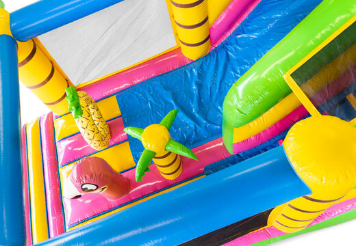 Zamów nadmuchiwany dmuchany zamek z dużą zjeżdżalnią w motywie hawajskim dla dzieci