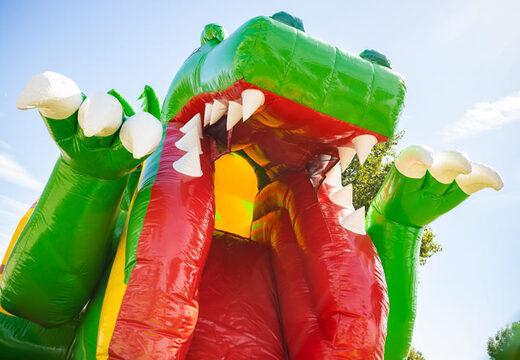 Nadmuchiwana poduszka powietrzna multiplay ze zjeżdżalnią w żółto-zielonym motywie dino na sprzedaż