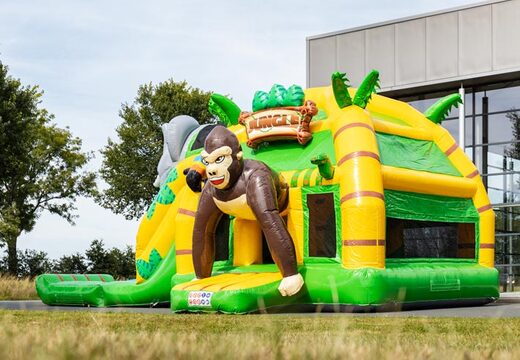 Kup multi super dmuchany leżaczek ze zjeżdżalnią w motywie dżungli zielono-żółty dla dzieci