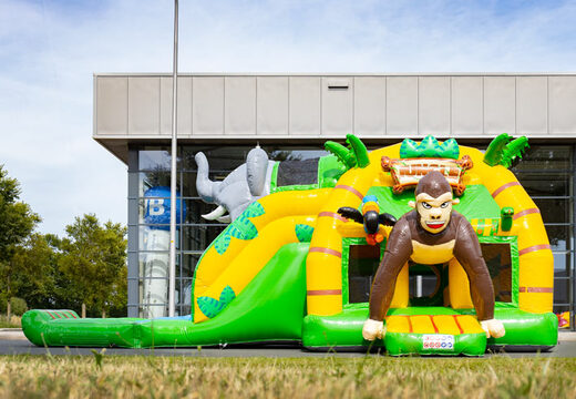 Zamów multi super dmuchany leżaczek ze zjeżdżalnią w motywie dżungli zielono-żółty dla dzieci