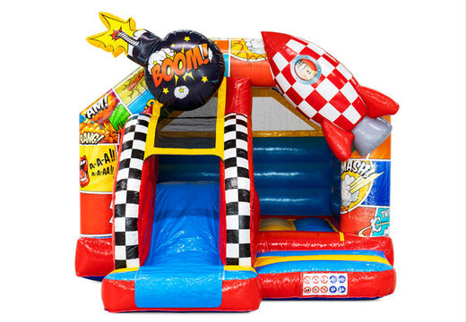 Motyw postaci z komiksów na kombinacji zjeżdżalni do zjeżdżania i skakania na zamku dmuchanym