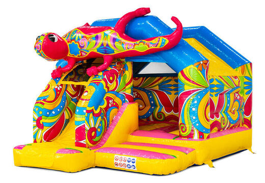 Zamek dmuchany Combo ze zjeżdżalnią w kolorach żółtym, niebieskim, różowym i z kwiatami