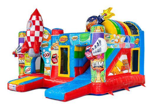 Zamów online wielofunkcyjną trampolinę w tematyce komiksowej z zjeżdżalnią i elementami do zabawy