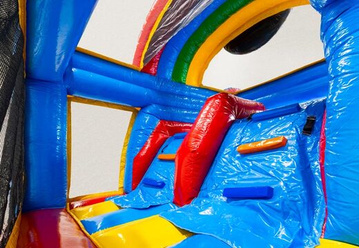 Ścianka wspinaczkowa Multiplay dubbelslide w komiksowym motywie niebieska żółta czerwona