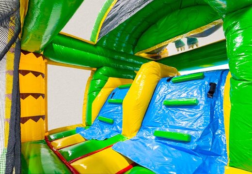 Ściana wspinaczkowa Multiplay dubbelslide w temacie dinozaurów niebieska żółta pomarańczowa