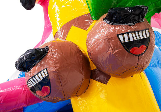 Figura 3D na zamku dmuchanym Dubbelslide z uśmiechniętymi kokosami w temacie flamingo na Hawajach