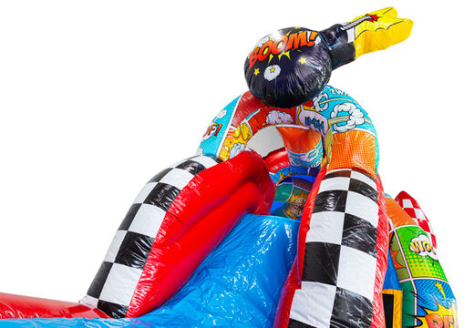 Zamek dmuchany A-frame Super Comic w stylu komiksowym na sprzedaż w JB Inflatables